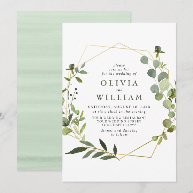 Modern Eucalyptus Foliage Geometric Frame Wedding Invitation (Front/Back)