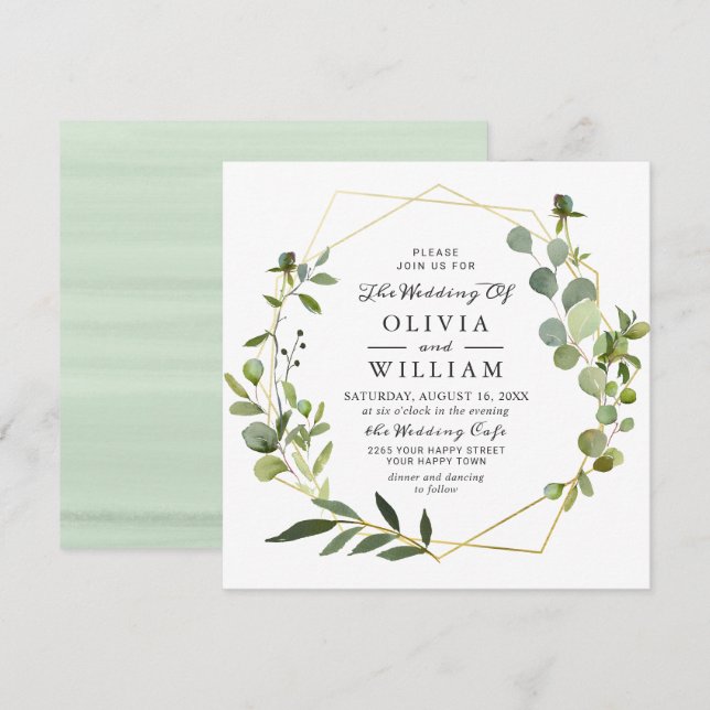 Modern Eucalyptus Foliage Geometric Frame Wedding Invitation (Front/Back)