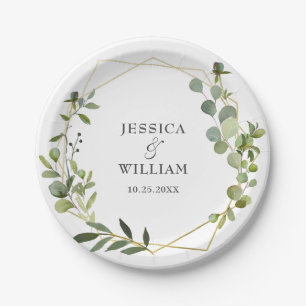 Modern Eucalyptus Foliage Geometric Frame Wedding  Paper Plate