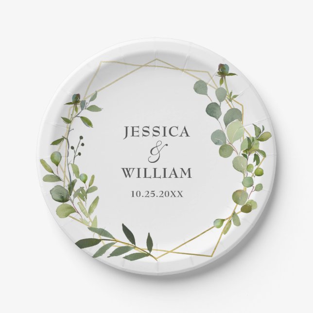 Modern Eucalyptus Foliage Geometric Frame Wedding  Paper Plate (Front)
