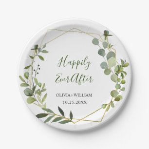 Modern Eucalyptus Foliage Geometric Frame Wedding Paper Plate