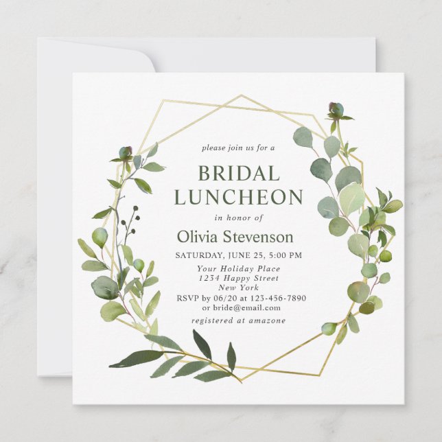Modern Eucalyptus Geometric Frame BRIDAL LUNCHEON Invitation (Front)