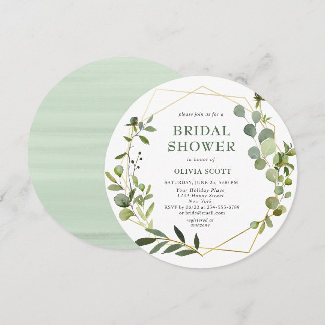Modern Eucalyptus Geometric Frame Bridal Shower Invitation (Front/Back)