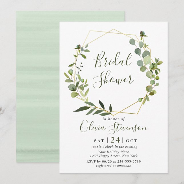 Modern Eucalyptus Geometric Frame Bridal Shower Invitation (Front/Back)