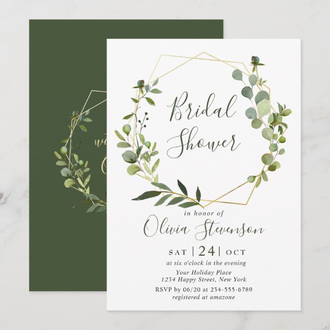 Modern Eucalyptus Geometric Frame Bridal Shower Invitation (Front/Back)