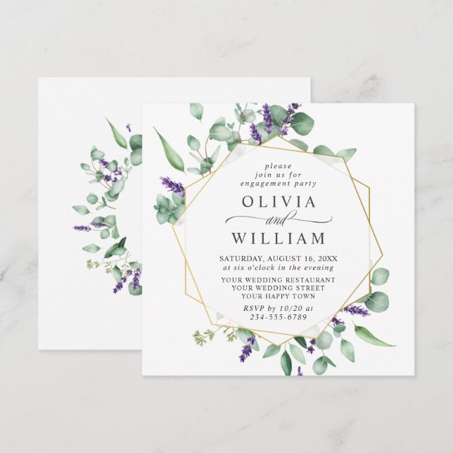 Modern Eucalyptus Geometric Frame ENGAGEMENT PARTY Invitation (Front/Back)