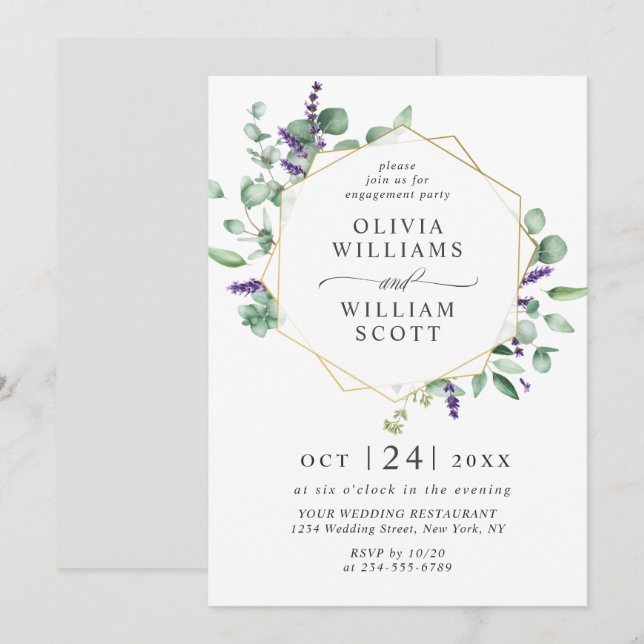 Modern Eucalyptus Geometric Frame ENGAGEMENT PARTY Invitation (Front/Back)