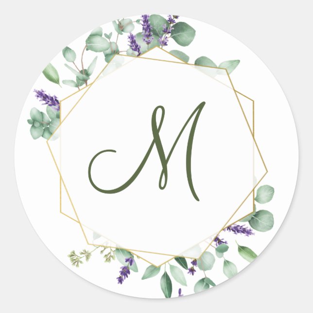 Modern Eucalyptus Geometric Frame MONOGRAM Classic Round Sticker (Front)