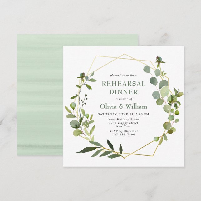Modern Eucalyptus Geometric Frame REHEARSAL DINNER Invitation (Front/Back)