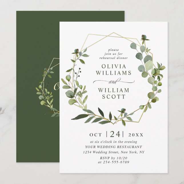 Modern Eucalyptus Geometric Frame REHEARSAL DINNER Invitation (Front/Back)