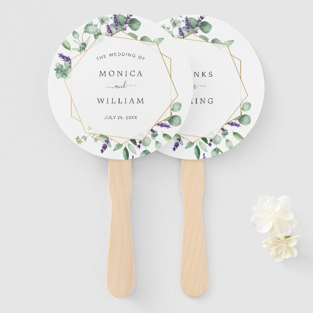 Modern Eucalyptus Geometric Frame Wedding Hand Fan (Front and Back)