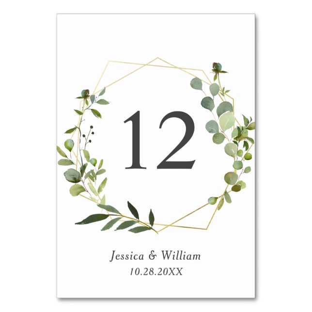 Modern Eucalyptus Geometric Frame Wedding Table Number (Front)