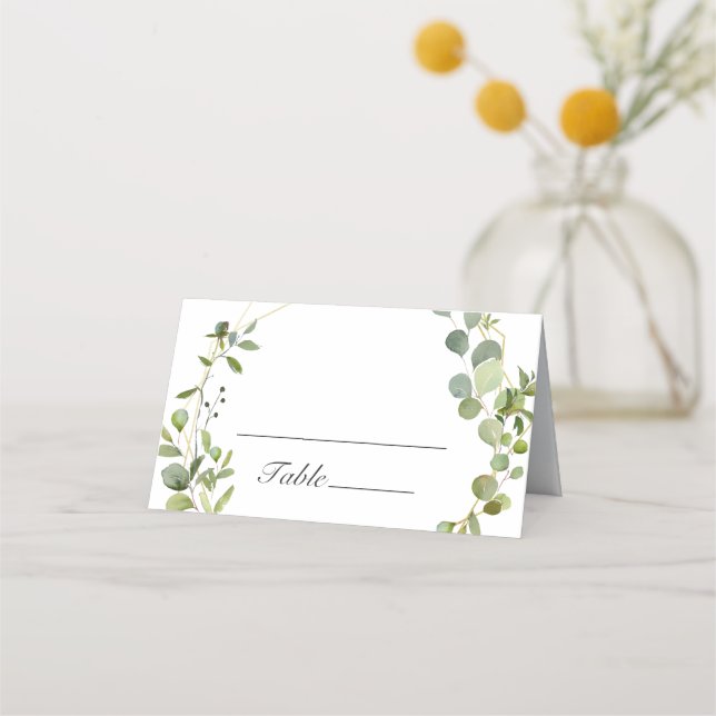 Modern Eucalyptus Geometric Frame Wedding Table Place Card (Front)