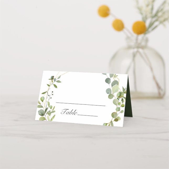 Modern Eucalyptus Geometric Frame Wedding Table Place Card (Front)