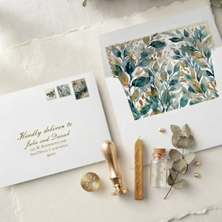 Modern Eucalyptus Gold Foil Botanical Watercolor Envelope
