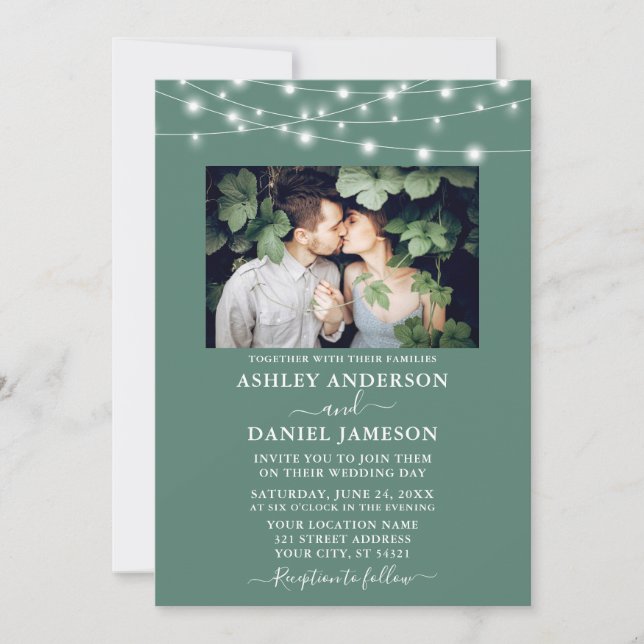 Modern Eucalyptus Green Lights Photo Wedding Invitation (Front)