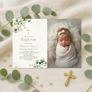 Modern Eucalyptus Greenery Cross Photo Baptism Invitation