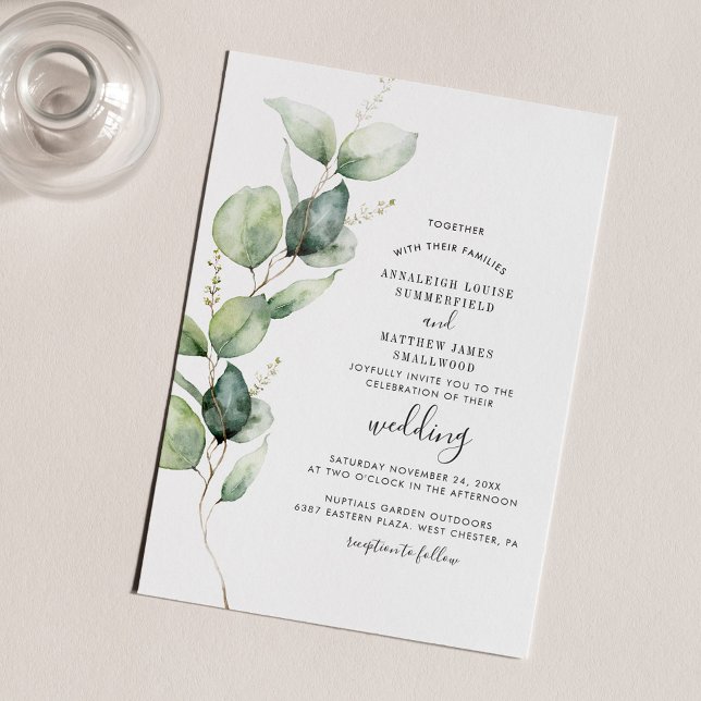 Modern Eucalyptus Greenery Foliage Wedding Invitation (Watercolor Eucalyptus Greenery Wedding Invitation)