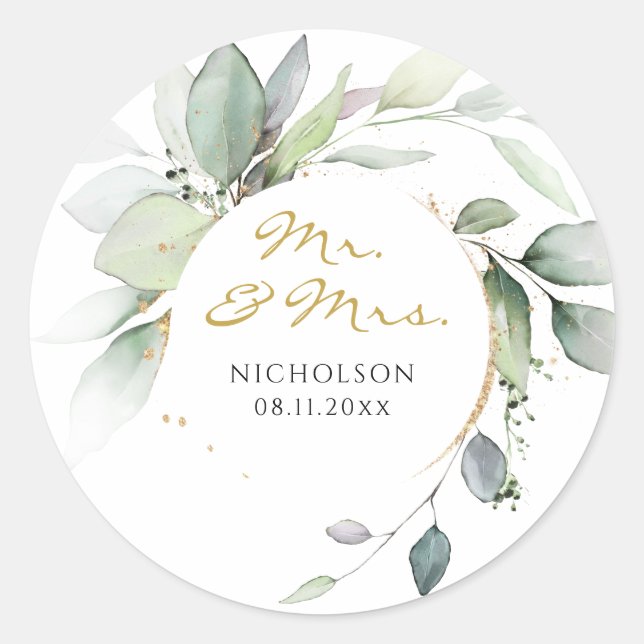 Modern Eucalyptus Greenery Gold Mr. & Mrs. Classic Classic Round Sticker (Front)