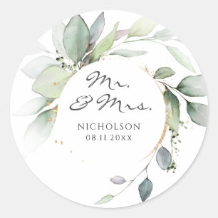 Modern Eucalyptus Greenery Gold Mr. & Mrs. Classic Round Sticker