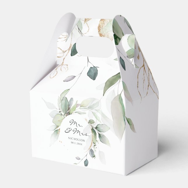 Modern Eucalyptus Greenery Gold Mr. & Mrs.  Favour Box (Front Side)