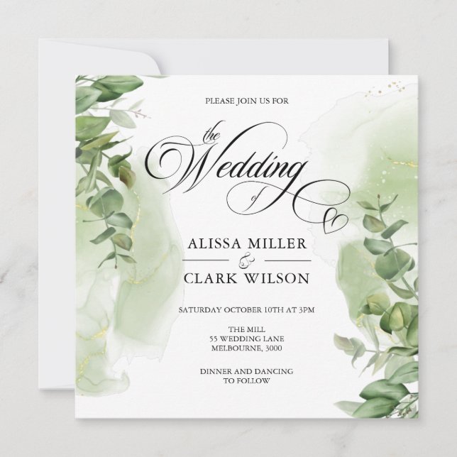 Modern Eucalyptus Greenery Gold Wedding Invitation (Front)