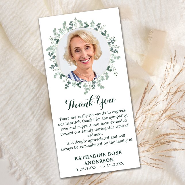 Modern Eucalyptus Greenery Memorial Photo Funeral Thank You Card (Creator Uploaded)