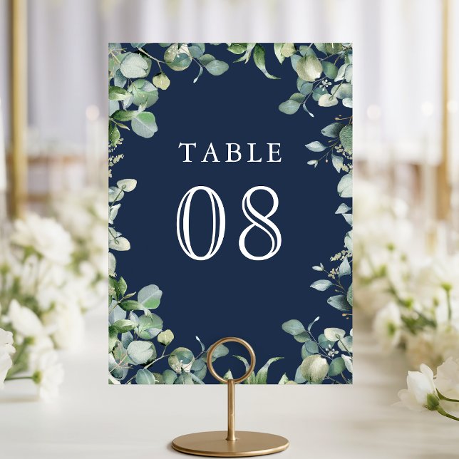 Modern Eucalyptus Greenery Navy Blue Wedding Table Number (Creator Uploaded)
