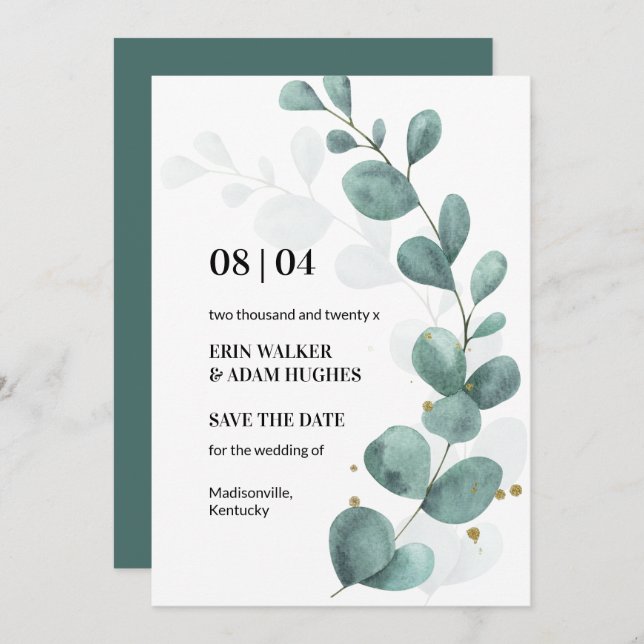 Modern Eucalyptus Greenery Watercolor Wedding Save Save The Date (Front/Back)