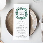 Modern Eucalyptus Greenery Wedding Menu Card<br><div class="desc">Elegant custom wedding menu card featuring a your names encircled by a wreath of hand-painted, dusty green eucalyptus and foliage with a white background. Personalise the custom wedding menus by adding your wedding menu details below. The menu reverses to a solid dark green background with space for text and photos....</div>