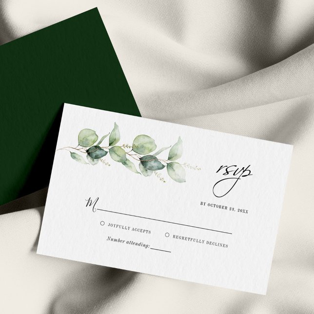 Modern Eucalyptus Greenery  Wedding RSVP Card (Eucalyptus Greenery Foliage Script Wedding RSVP Card)