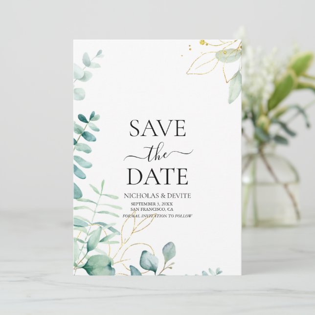 modern eucalyptus greenery wedding save the date (Standing Front)