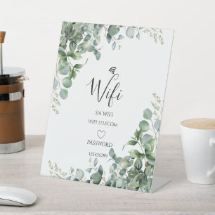 modern eucalyptus greenery wedding wifi pedestal sign