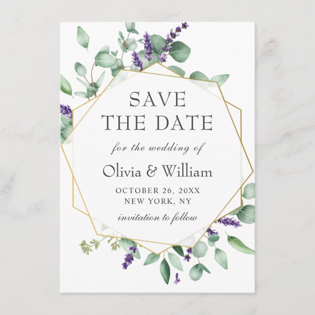 Modern Eucalyptus Lavender Floral Photo Wedding Save The Date (Front)