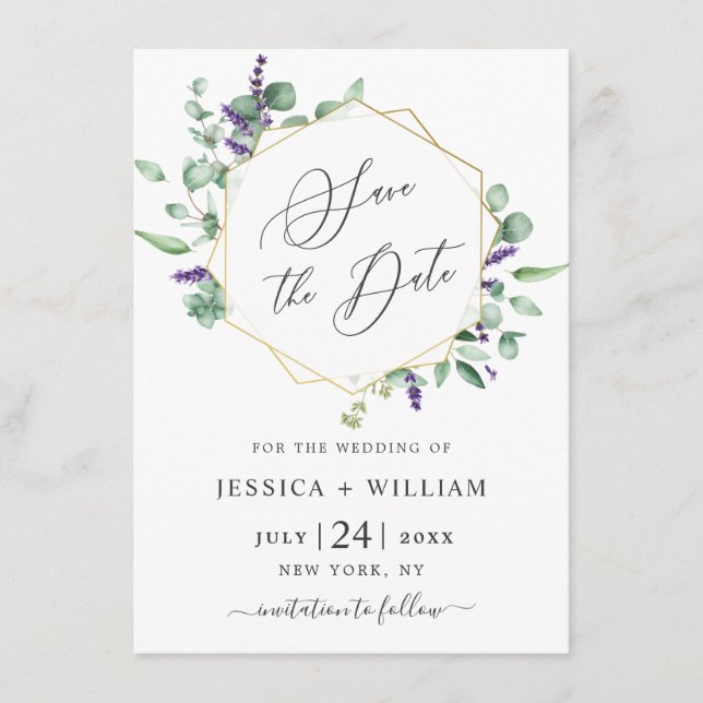 Modern Eucalyptus Lavender Foliage Wedding Save The Date (Front)