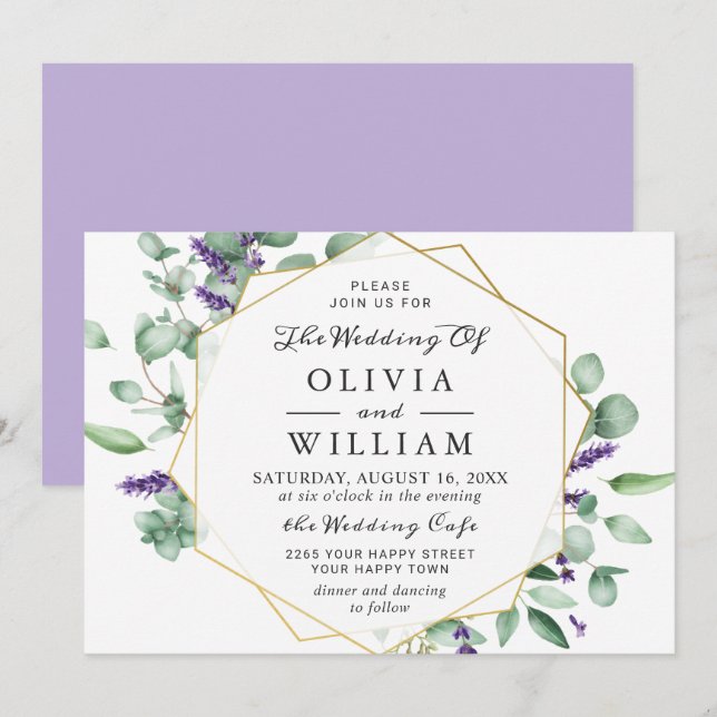 Modern Eucalyptus Lavender Geometric Frame Wedding Invitation (Front/Back)