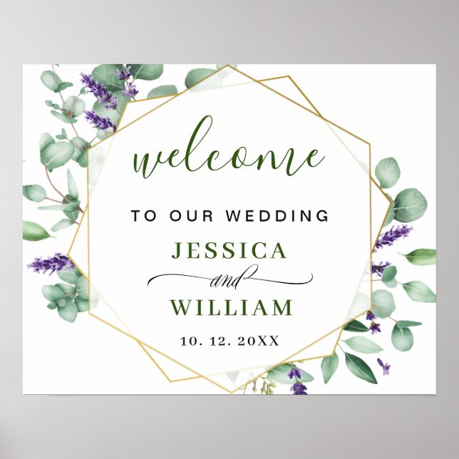Modern Eucalyptus Lavender WEDDING Welcome Sign (Front)