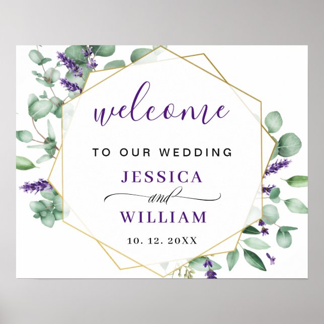 Modern Eucalyptus Lavender WEDDING Welcome Sign (Front)