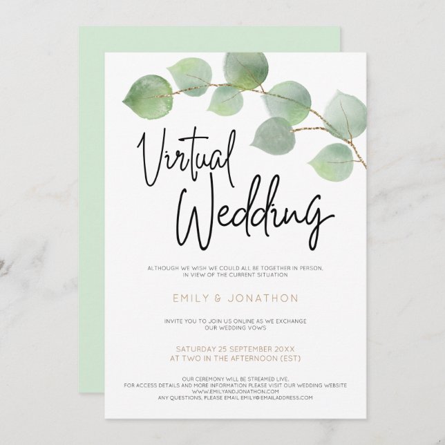 Modern Eucalyptus Leaf Script Virtual Wedding Invitation (Front/Back)