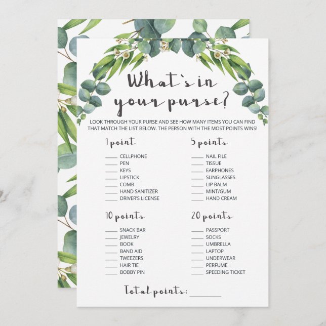 Modern Eucalyptus Leaves Bridal Shower Game (Front/Back)