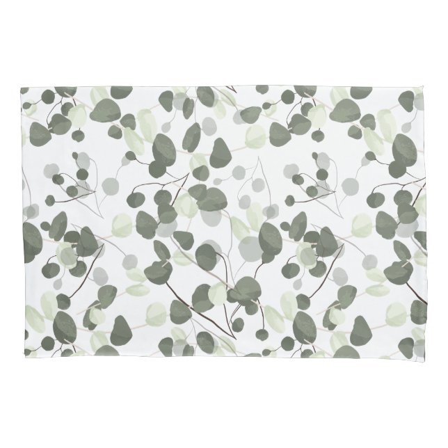 Modern Eucalyptus Leaves Green White Pattern Pillowcase (Front)