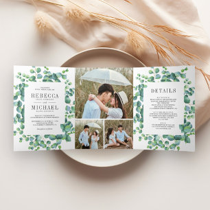 Modern Eucalyptus Leaves Photo Collage Wedding Tri-Fold Invitation
