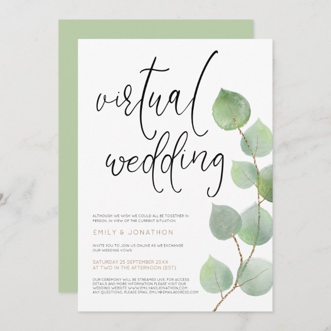Modern Eucalyptus Leaves Script Virtual Wedding Invitation (Front/Back)