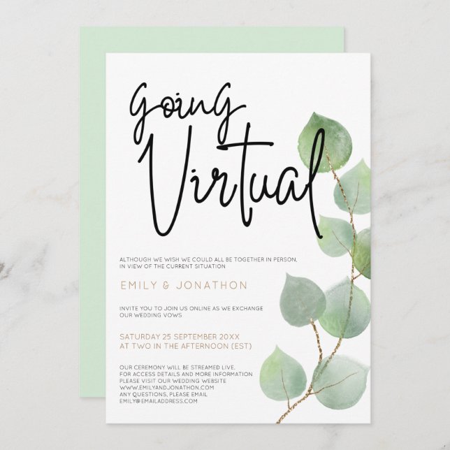 Modern Eucalyptus Leaves Script Virtual Wedding Invitation (Front/Back)