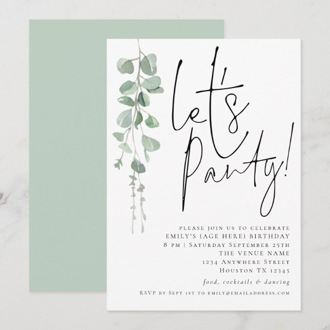 Modern Eucalyptus Lets Party Any Age Birthday Invitation (Front/Back)