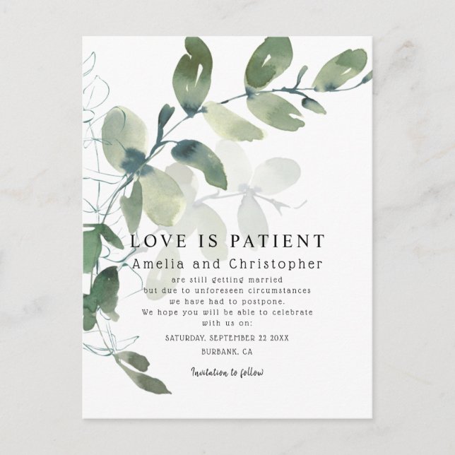 Modern Eucalyptus Love is Patient Change the Date Postcard (Front)