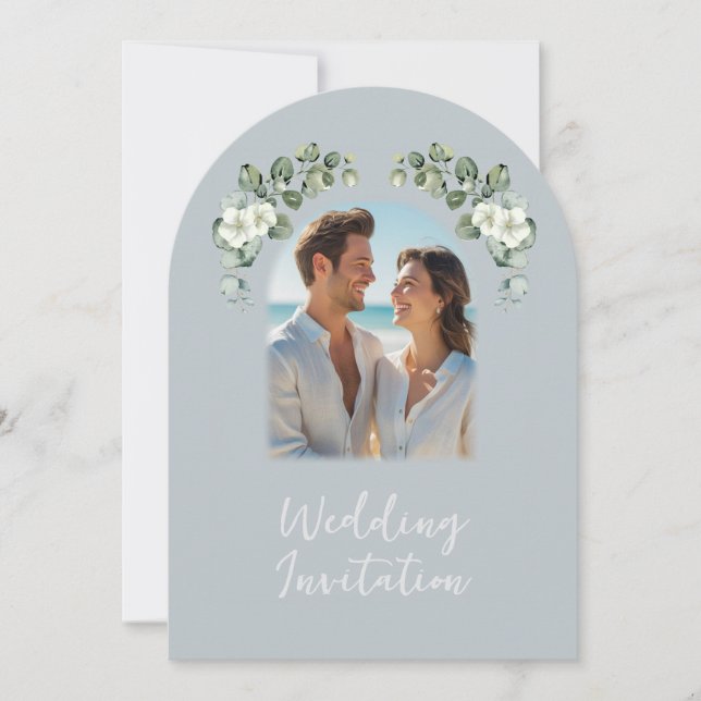 Modern Eucalyptus Photo Arch Shaped Wedding Invitation (Front)