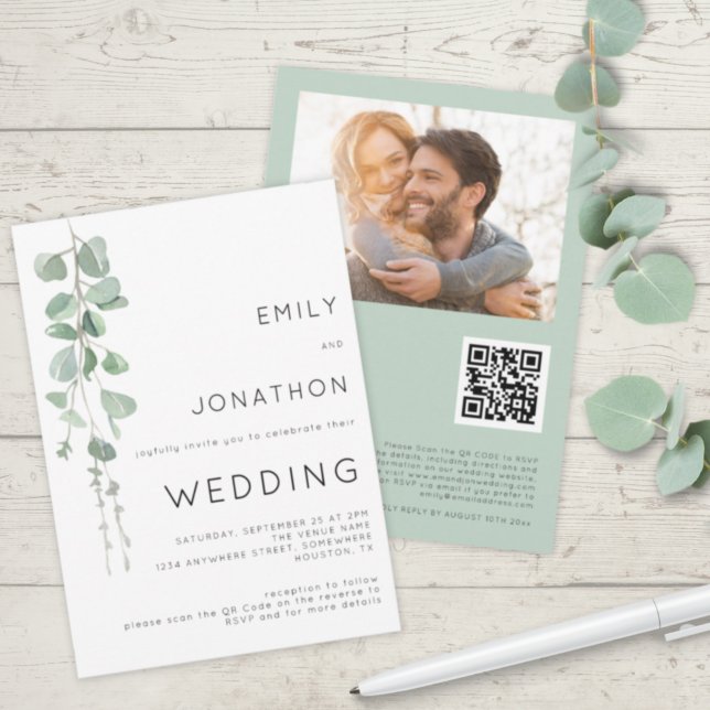 Modern Eucalyptus Photo QR Code Wedding Invitation (Creator Uploaded)