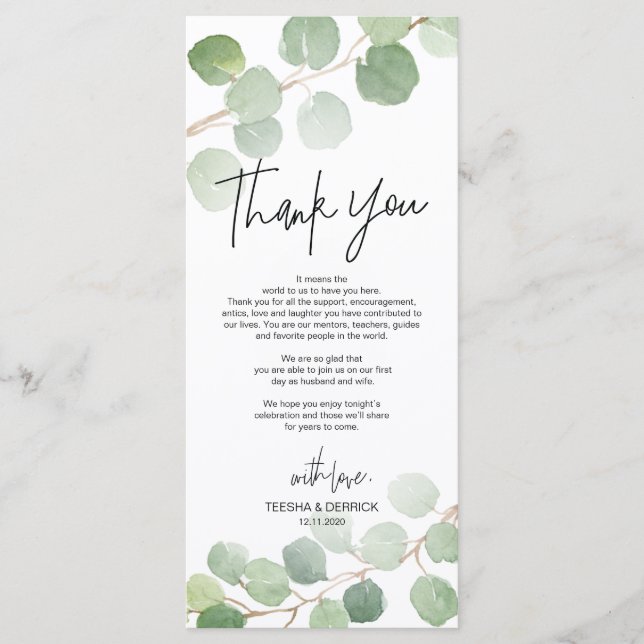 Modern eucalyptus Place Setting Thank You Card (Front)