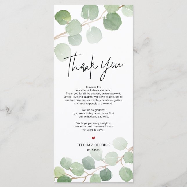 Modern eucalyptus Place Setting Thank You Card (Front)
